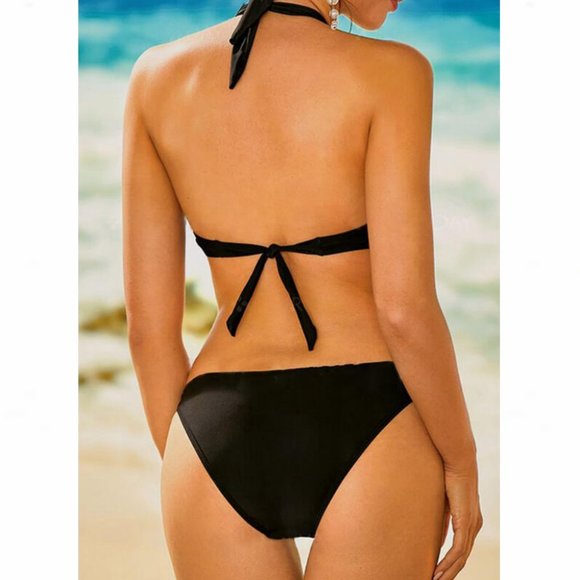 Polka Dot Colorblock Halter Wrap Monokini Swimsuit - Picture 3 of 8